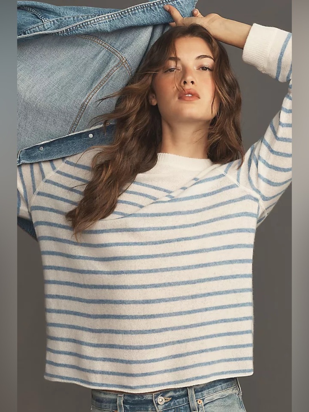 Reformation 100% Cashmere Boyfriend Sweater in Blue Stripe Ivory